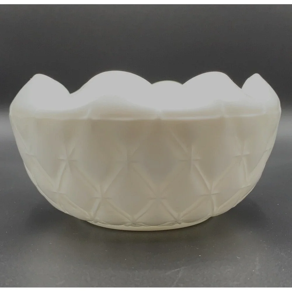 Indiana Rose Bowl White Milk Glass Duette Diamond Quilt Ruffle Edge Candy Dish